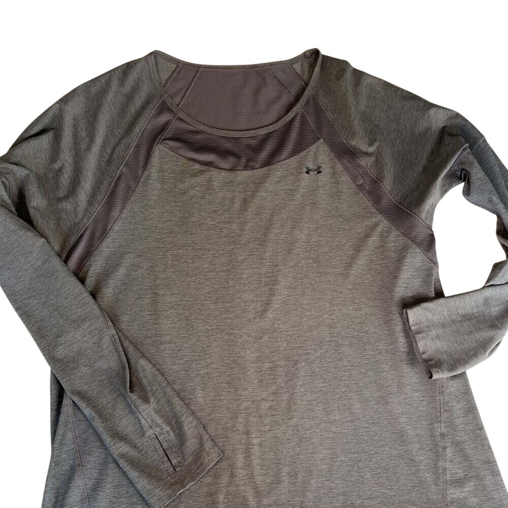 Under Armour Women's Gray Heather Long Sleeve Shirt Size L Mesh‎ Detail - Picture 3 of 10